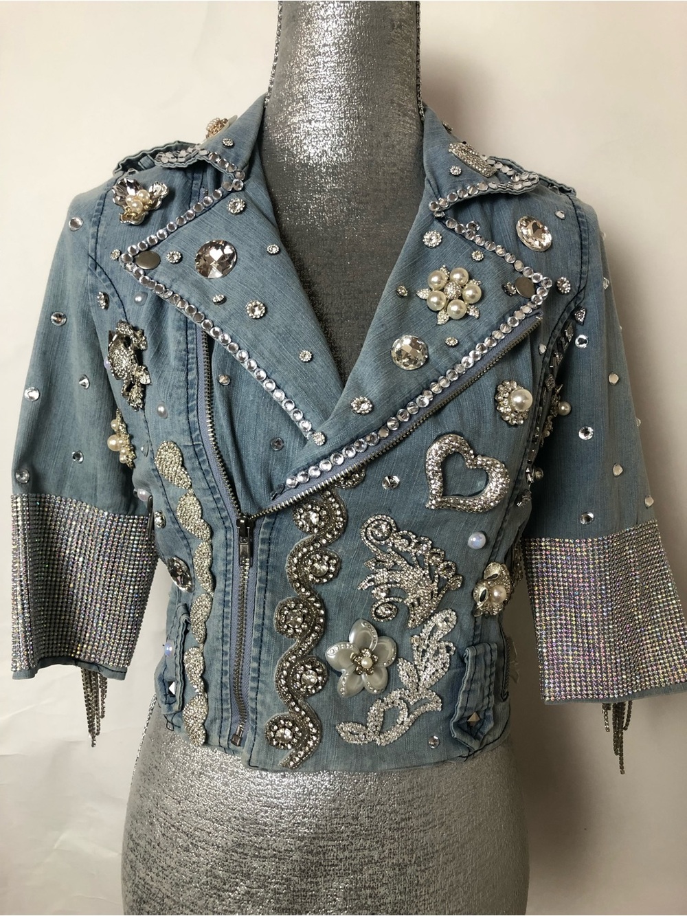 Embellished Light Blue Denim Moto Jacket with Crystal Accents
